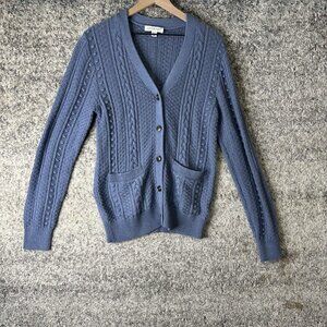 Amour Vert‎ Cardigan Sweater Womens Medium Blue Cable Knit Organic Cotton V Neck